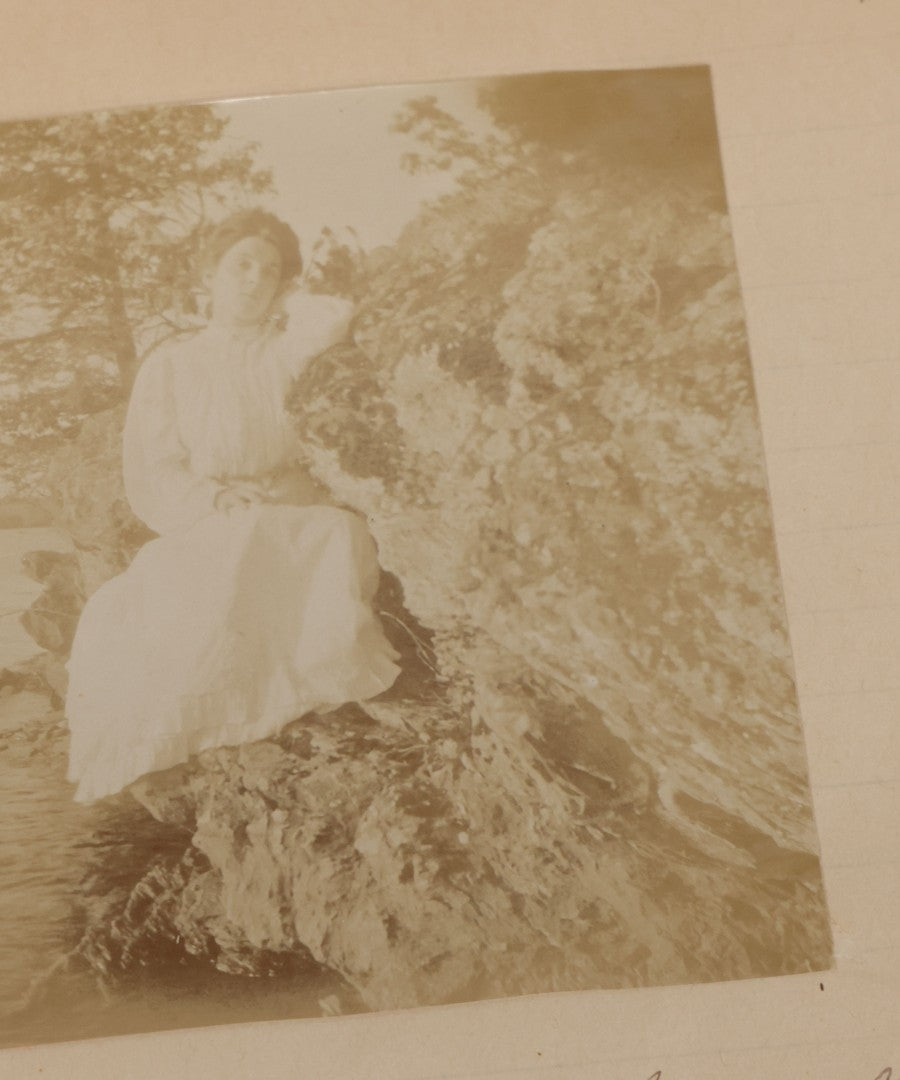 Lot 064 - Antique Snapshot Photo Album Scrapbook Contained In A Record Ledger With 40+ Photos And Scraps, With Handwritten Enscriptions, Including Interior Photos, Outdoor Photos, And More, Circa 1900, Hand Drawn Flower Scraps