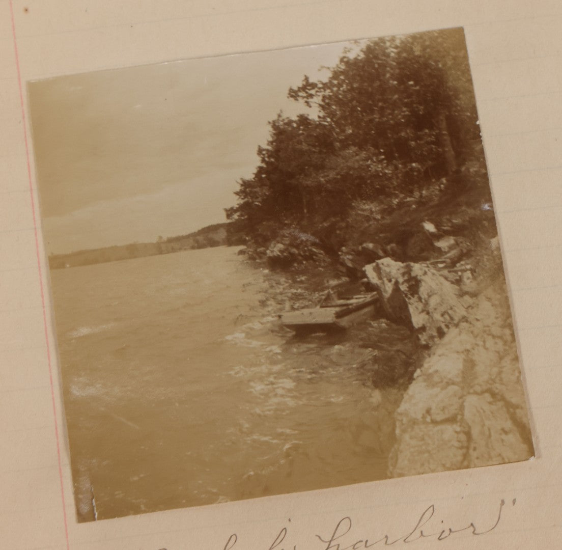 Lot 064 - Antique Snapshot Photo Album Scrapbook Contained In A Record Ledger With 40+ Photos And Scraps, With Handwritten Enscriptions, Including Interior Photos, Outdoor Photos, And More, Circa 1900, Hand Drawn Flower Scraps