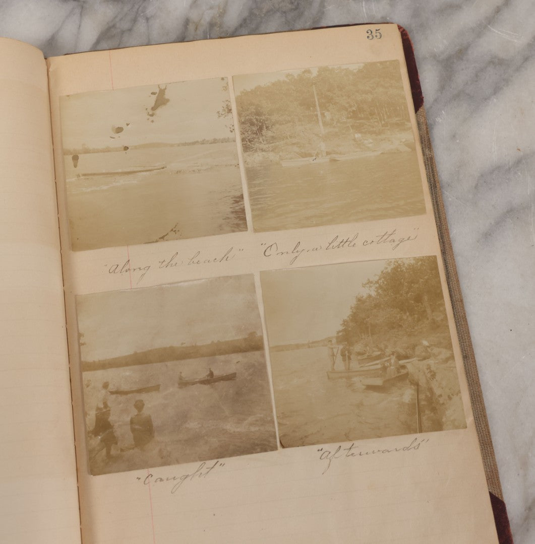 Lot 064 - Antique Snapshot Photo Album Scrapbook Contained In A Record Ledger With 40+ Photos And Scraps, With Handwritten Enscriptions, Including Interior Photos, Outdoor Photos, And More, Circa 1900, Hand Drawn Flower Scraps