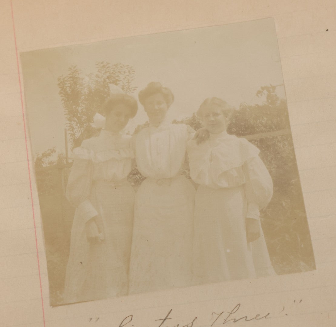 Lot 064 - Antique Snapshot Photo Album Scrapbook Contained In A Record Ledger With 40+ Photos And Scraps, With Handwritten Enscriptions, Including Interior Photos, Outdoor Photos, And More, Circa 1900, Hand Drawn Flower Scraps