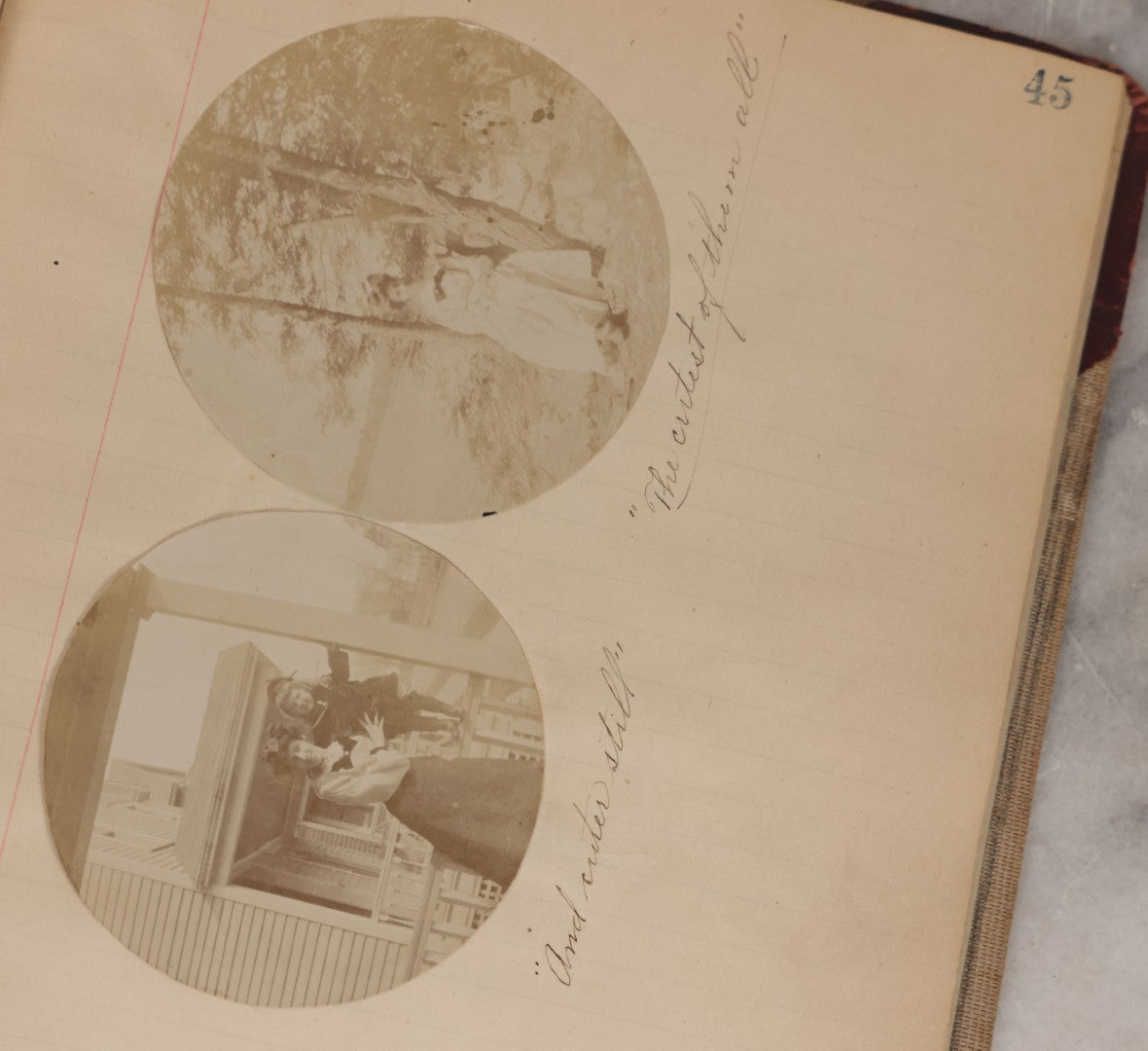 Lot 064 - Antique Snapshot Photo Album Scrapbook Contained In A Record Ledger With 40+ Photos And Scraps, With Handwritten Enscriptions, Including Interior Photos, Outdoor Photos, And More, Circa 1900, Hand Drawn Flower Scraps