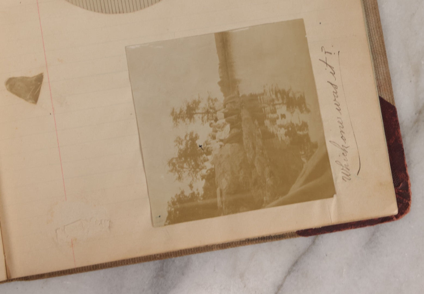 Lot 064 - Antique Snapshot Photo Album Scrapbook Contained In A Record Ledger With 40+ Photos And Scraps, With Handwritten Enscriptions, Including Interior Photos, Outdoor Photos, And More, Circa 1900, Hand Drawn Flower Scraps