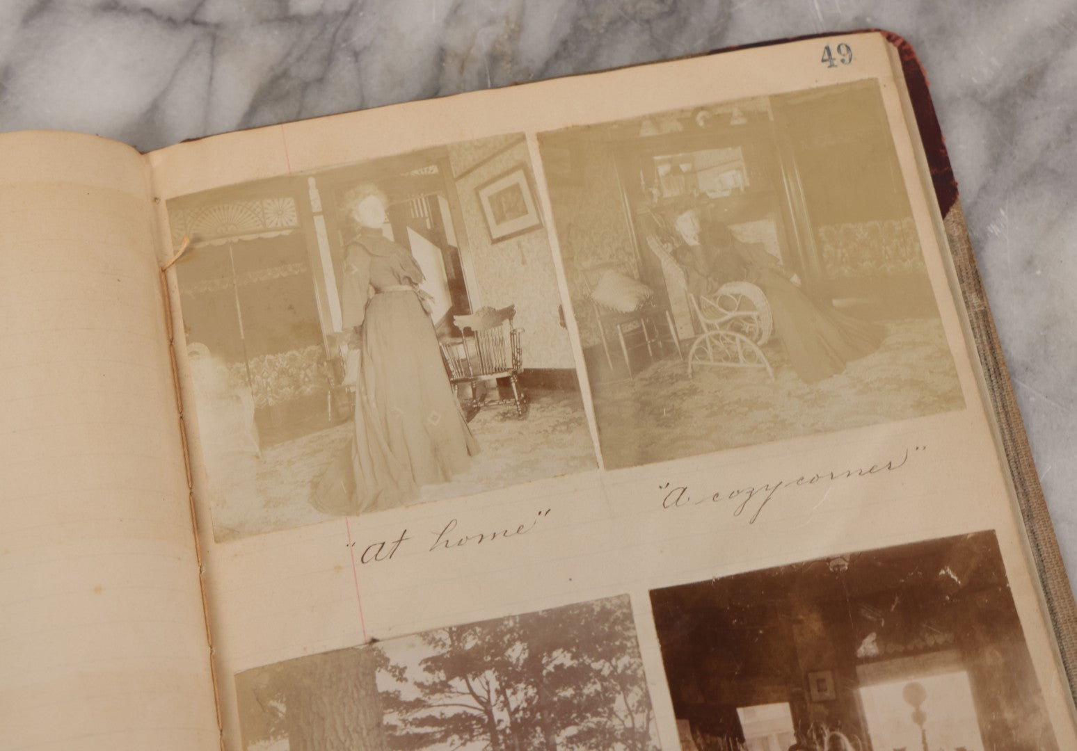 Lot 064 - Antique Snapshot Photo Album Scrapbook Contained In A Record Ledger With 40+ Photos And Scraps, With Handwritten Enscriptions, Including Interior Photos, Outdoor Photos, And More, Circa 1900, Hand Drawn Flower Scraps