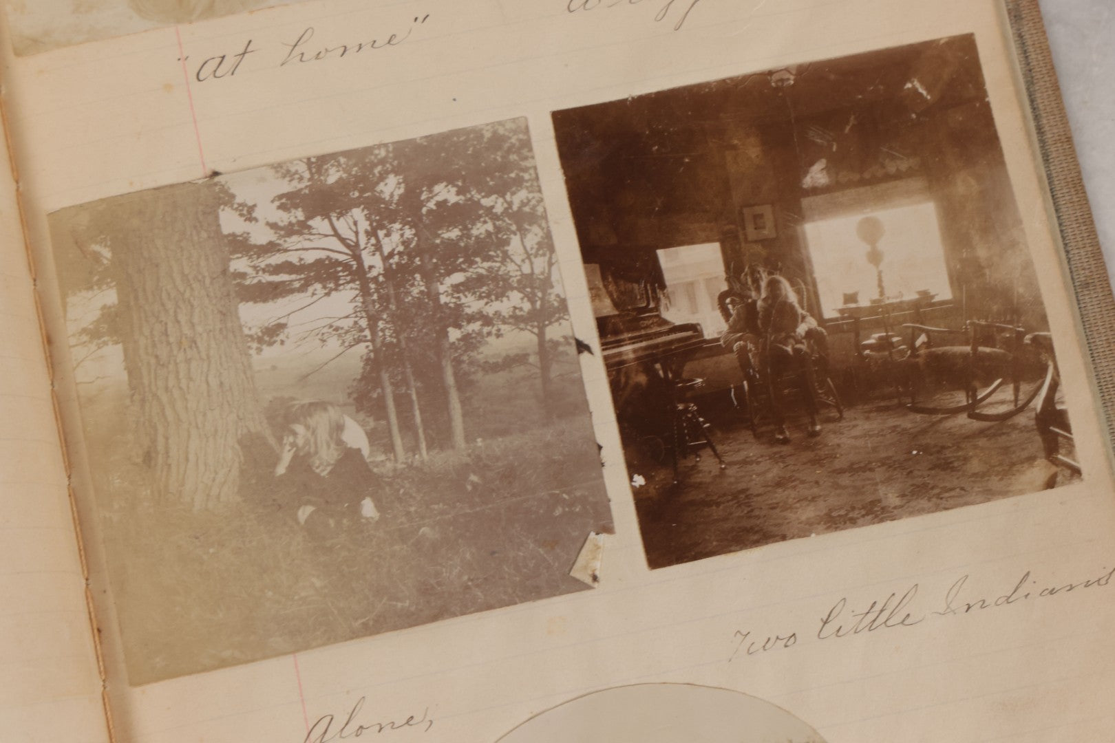 Lot 064 - Antique Snapshot Photo Album Scrapbook Contained In A Record Ledger With 40+ Photos And Scraps, With Handwritten Enscriptions, Including Interior Photos, Outdoor Photos, And More, Circa 1900, Hand Drawn Flower Scraps