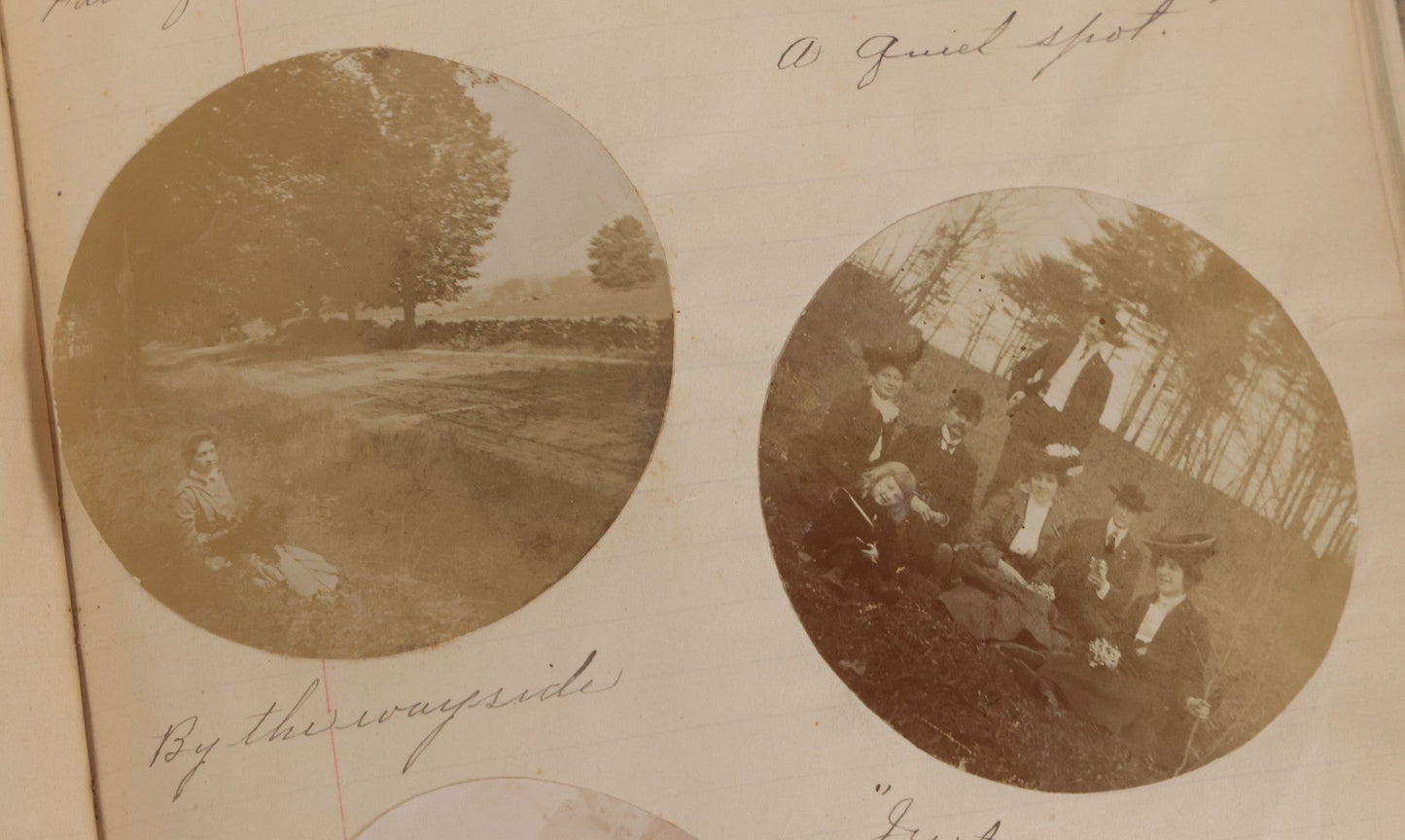 Lot 064 - Antique Snapshot Photo Album Scrapbook Contained In A Record Ledger With 40+ Photos And Scraps, With Handwritten Enscriptions, Including Interior Photos, Outdoor Photos, And More, Circa 1900, Hand Drawn Flower Scraps