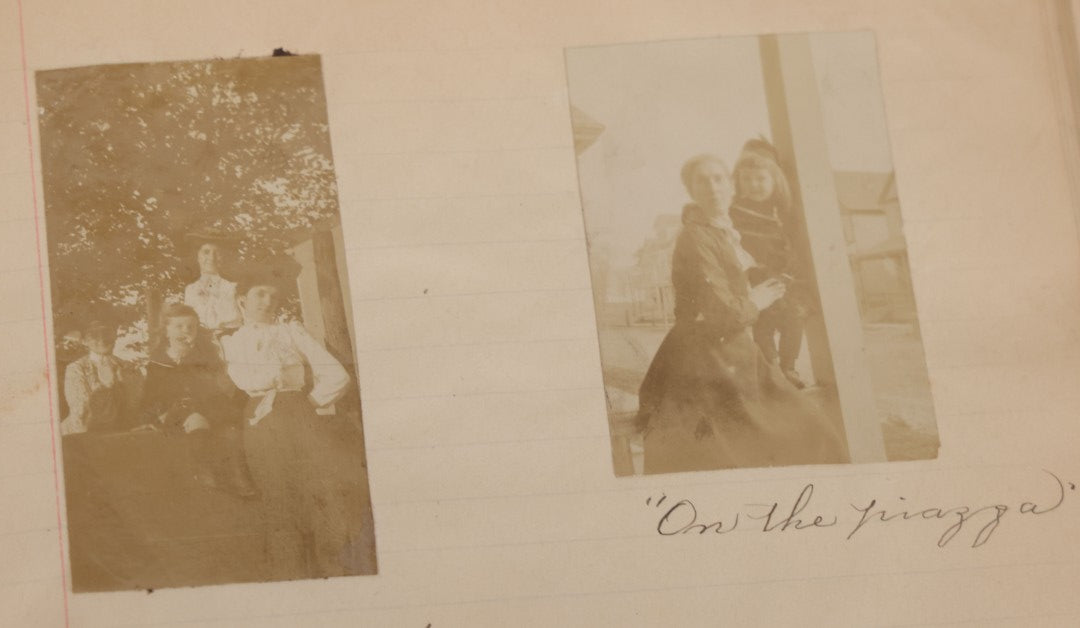 Lot 064 - Antique Snapshot Photo Album Scrapbook Contained In A Record Ledger With 40+ Photos And Scraps, With Handwritten Enscriptions, Including Interior Photos, Outdoor Photos, And More, Circa 1900, Hand Drawn Flower Scraps