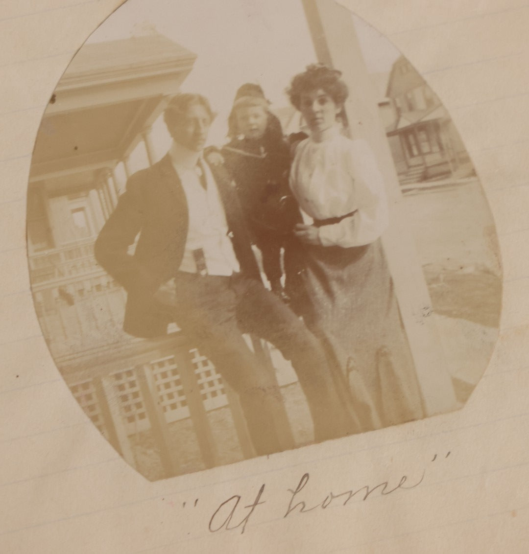 Lot 064 - Antique Snapshot Photo Album Scrapbook Contained In A Record Ledger With 40+ Photos And Scraps, With Handwritten Enscriptions, Including Interior Photos, Outdoor Photos, And More, Circa 1900, Hand Drawn Flower Scraps