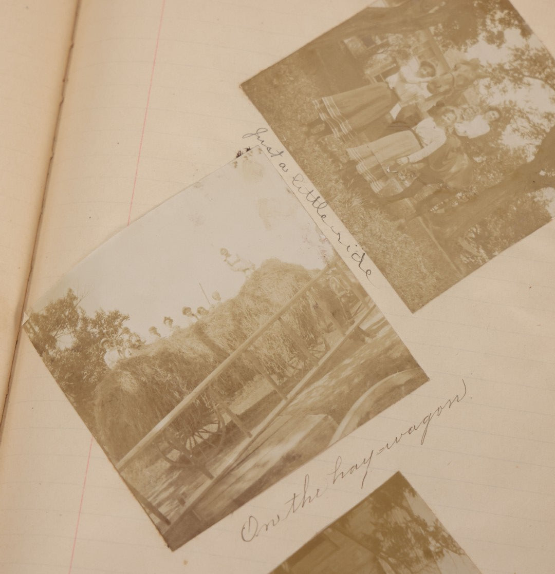 Lot 064 - Antique Snapshot Photo Album Scrapbook Contained In A Record Ledger With 40+ Photos And Scraps, With Handwritten Enscriptions, Including Interior Photos, Outdoor Photos, And More, Circa 1900, Hand Drawn Flower Scraps