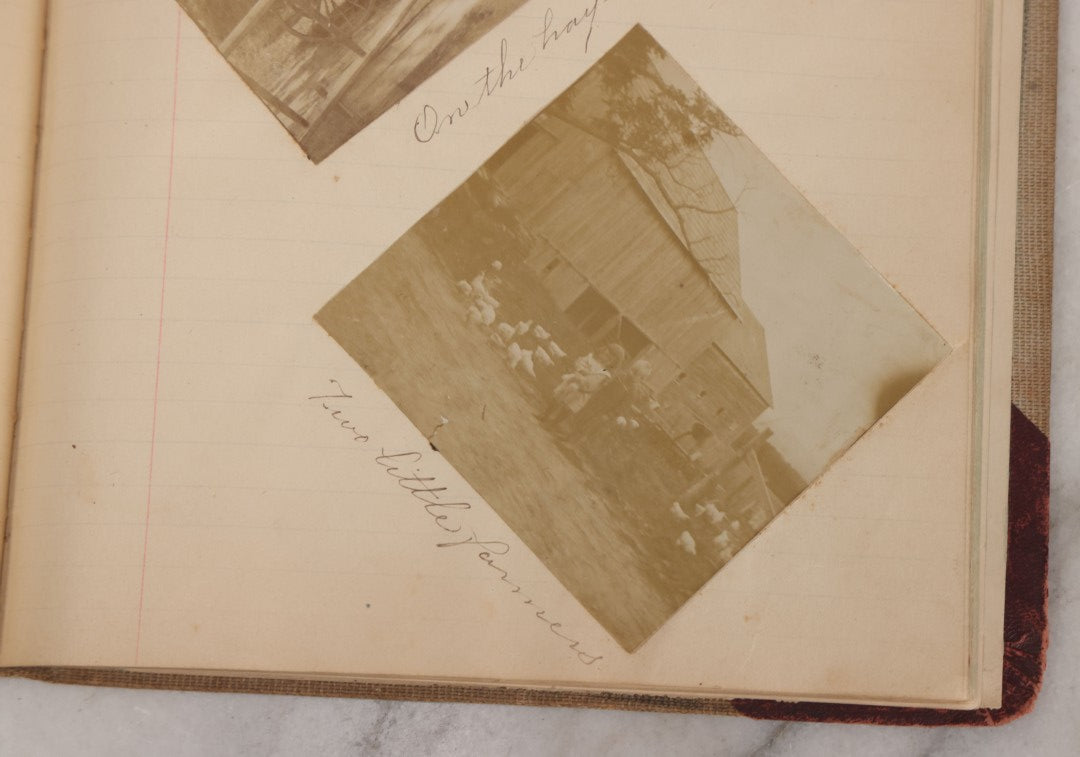 Lot 064 - Antique Snapshot Photo Album Scrapbook Contained In A Record Ledger With 40+ Photos And Scraps, With Handwritten Enscriptions, Including Interior Photos, Outdoor Photos, And More, Circa 1900, Hand Drawn Flower Scraps