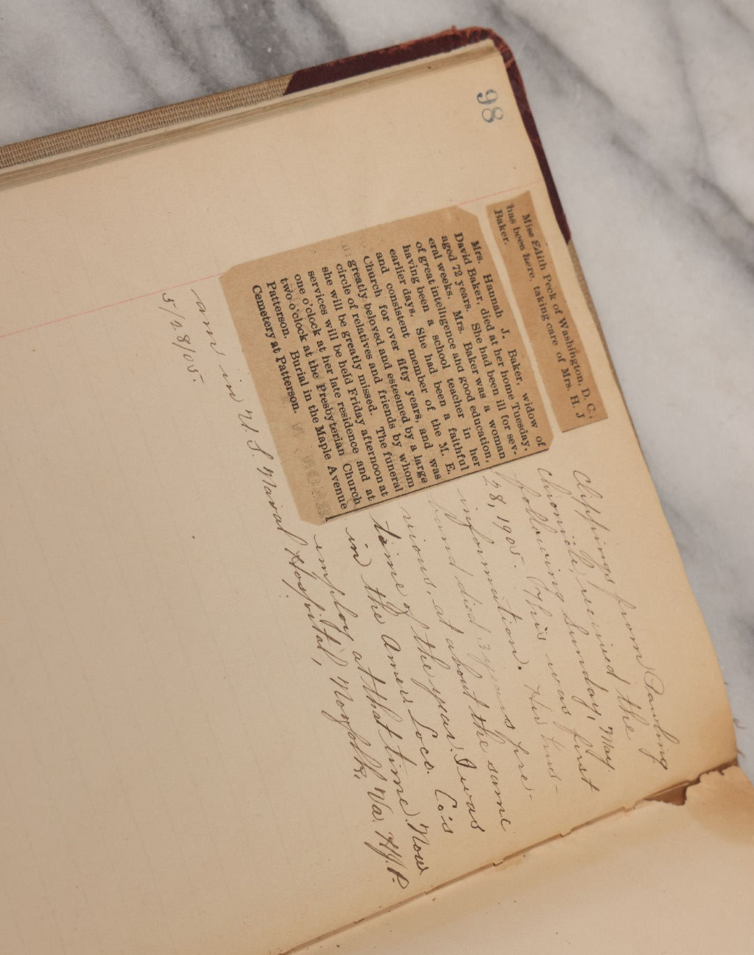 Lot 064 - Antique Snapshot Photo Album Scrapbook Contained In A Record Ledger With 40+ Photos And Scraps, With Handwritten Enscriptions, Including Interior Photos, Outdoor Photos, And More, Circa 1900, Hand Drawn Flower Scraps