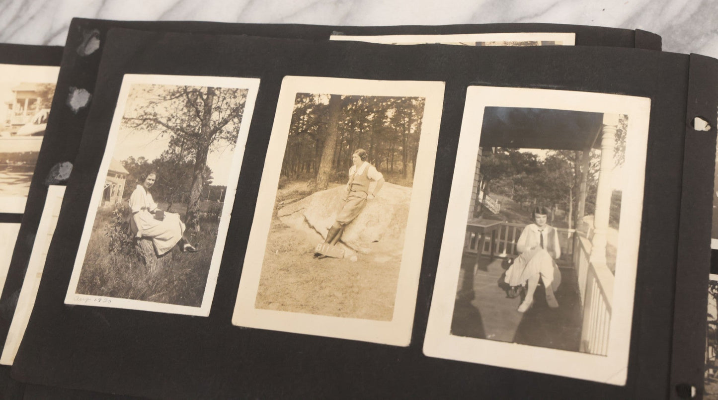 Lot 065 - Vintage Snapshot Photo Album With 95+ Photographs Of The Men And Women Of The 1920s Including Many Photos Of Lakeside Gatherings, Flappers, Swimsuits, And WWI Era Soldiers