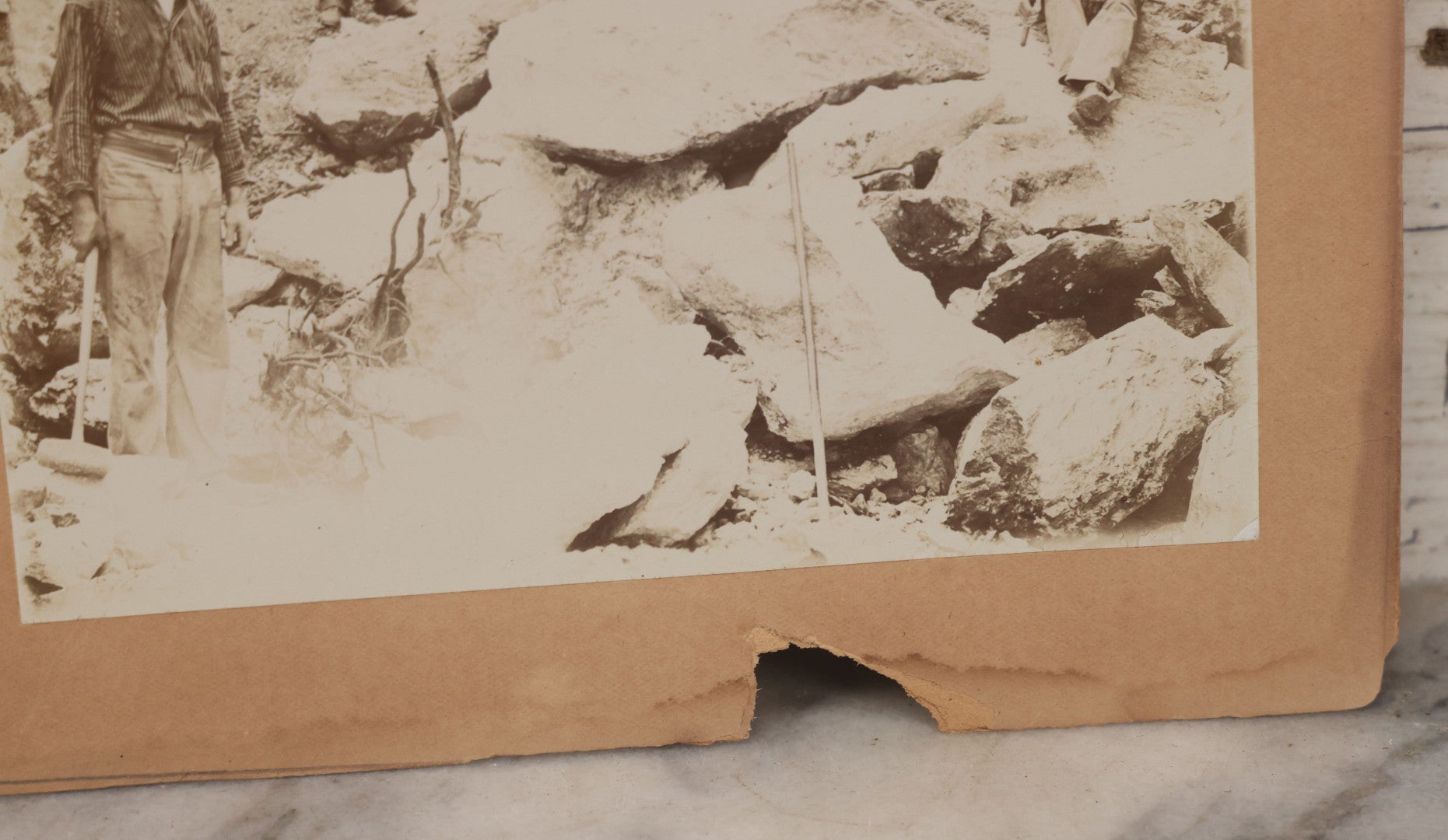 Lot 067 - Antique Boarded Occupational Photograph Of Group Of Seven Miners Posing In Quarry, Holding Sledgehammers And Other Tools