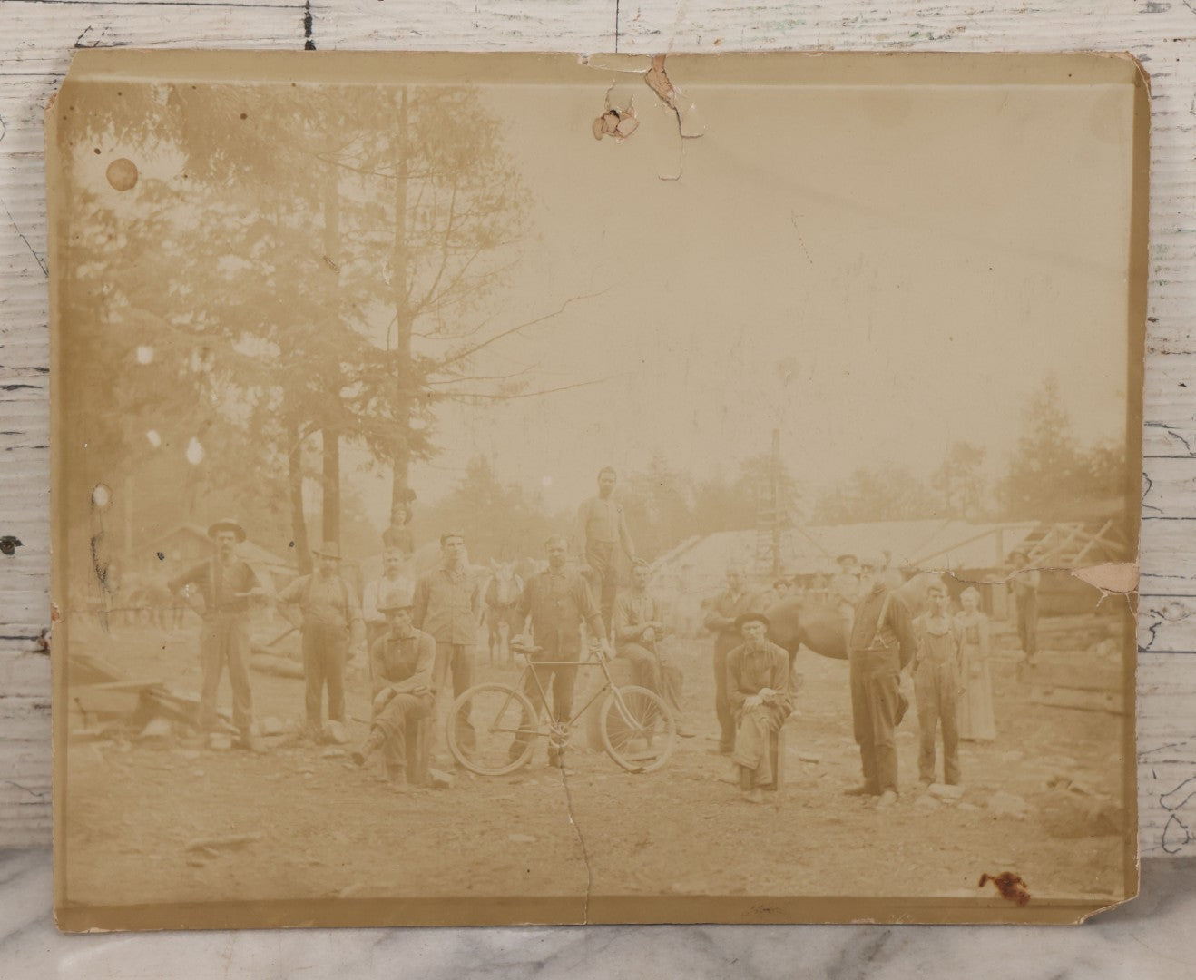 Lot 068 - Antique Boarded Occupational Photograph Of Group Of Lumber Workers Posing At A Lumber Camp In Mifflin County, Pennsylvania, Partial Identification On Verso Of "Grandpa Hoff", Bicycle And Horse In Photo, Note Cracking And Wear