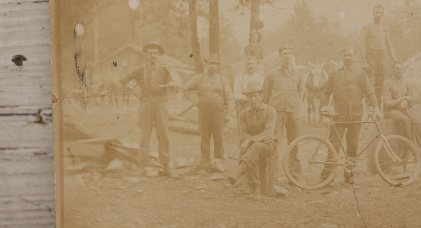 Lot 068 - Antique Boarded Occupational Photograph Of Group Of Lumber Workers Posing At A Lumber Camp In Mifflin County, Pennsylvania, Partial Identification On Verso Of "Grandpa Hoff", Bicycle And Horse In Photo, Note Cracking And Wear