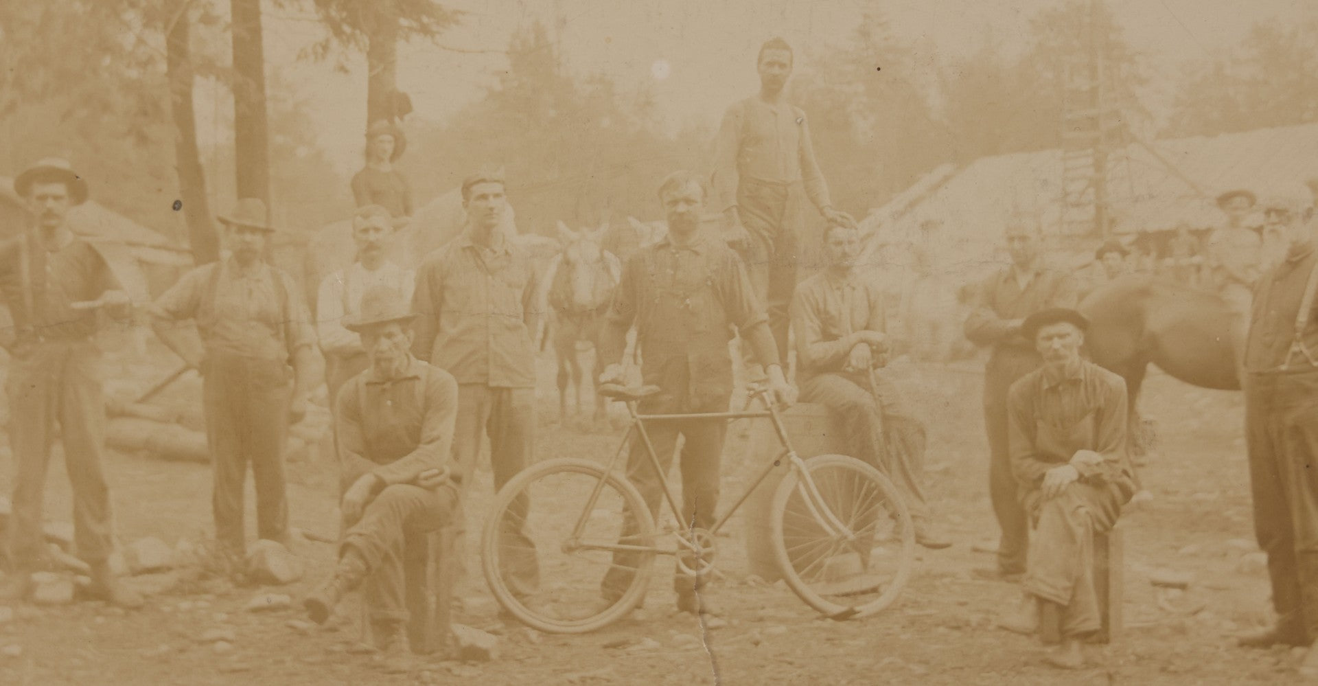 Lot 068 - Antique Boarded Occupational Photograph Of Group Of Lumber Workers Posing At A Lumber Camp In Mifflin County, Pennsylvania, Partial Identification On Verso Of "Grandpa Hoff", Bicycle And Horse In Photo, Note Cracking And Wear