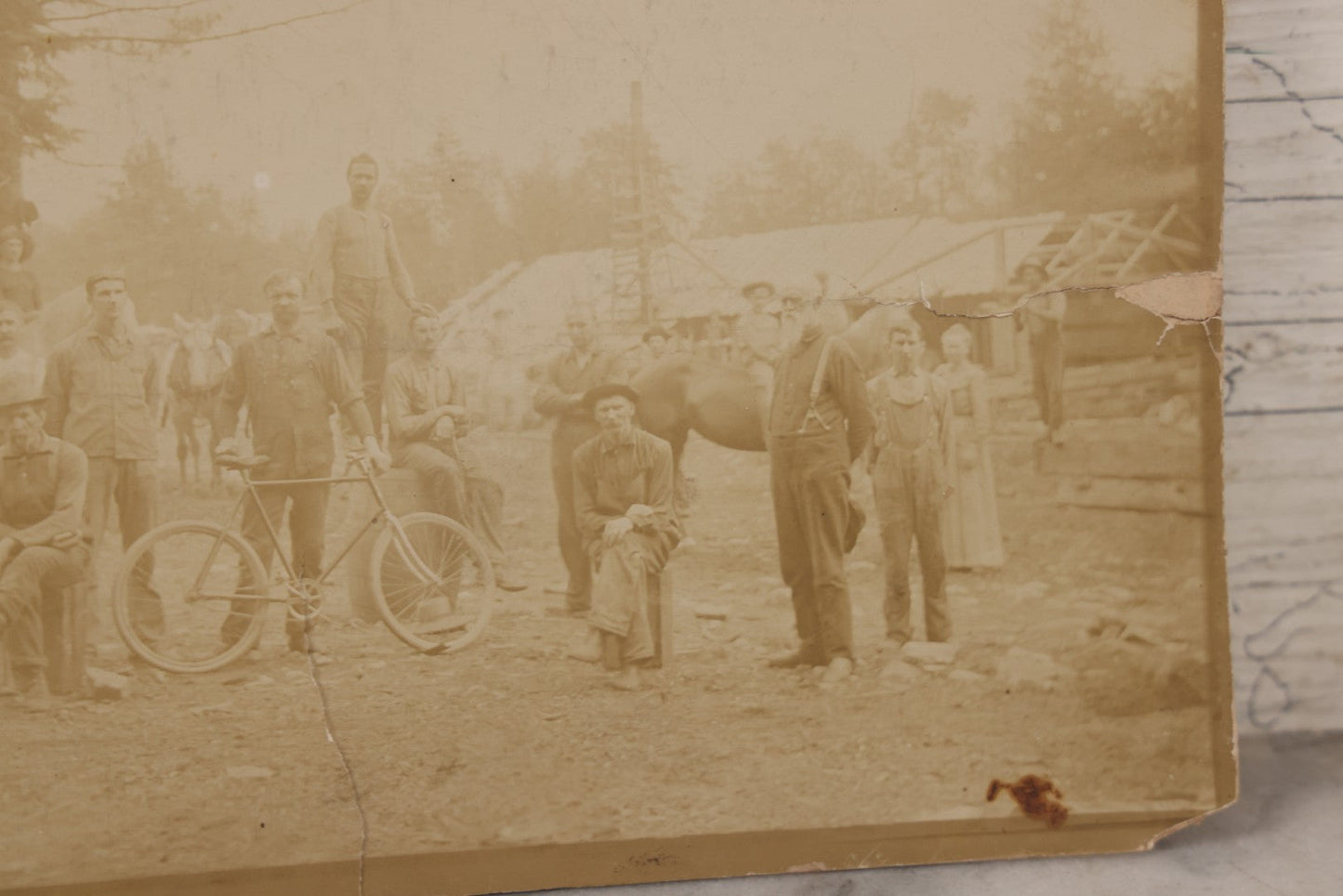 Lot 068 - Antique Boarded Occupational Photograph Of Group Of Lumber Workers Posing At A Lumber Camp In Mifflin County, Pennsylvania, Partial Identification On Verso Of "Grandpa Hoff", Bicycle And Horse In Photo, Note Cracking And Wear
