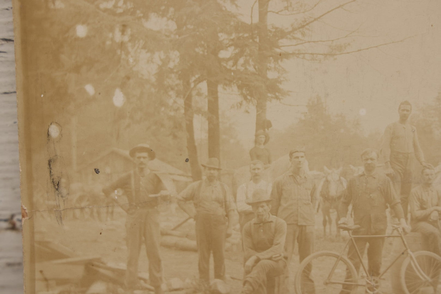 Lot 068 - Antique Boarded Occupational Photograph Of Group Of Lumber Workers Posing At A Lumber Camp In Mifflin County, Pennsylvania, Partial Identification On Verso Of "Grandpa Hoff", Bicycle And Horse In Photo, Note Cracking And Wear