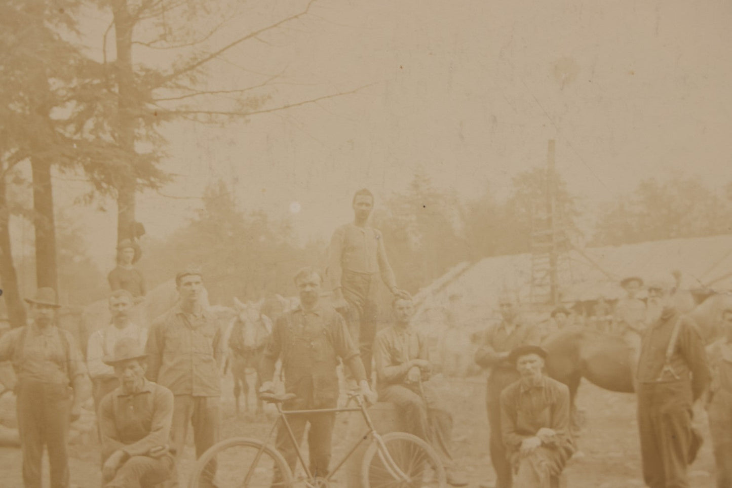Lot 068 - Antique Boarded Occupational Photograph Of Group Of Lumber Workers Posing At A Lumber Camp In Mifflin County, Pennsylvania, Partial Identification On Verso Of "Grandpa Hoff", Bicycle And Horse In Photo, Note Cracking And Wear