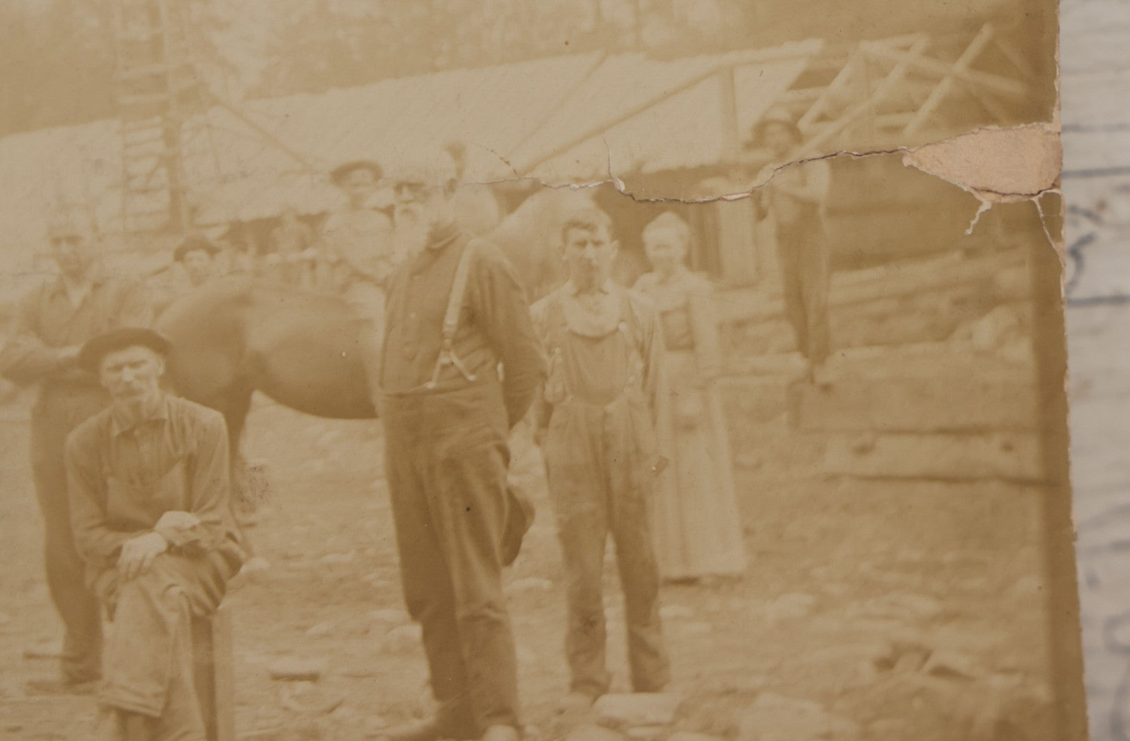 Lot 068 - Antique Boarded Occupational Photograph Of Group Of Lumber Workers Posing At A Lumber Camp In Mifflin County, Pennsylvania, Partial Identification On Verso Of "Grandpa Hoff", Bicycle And Horse In Photo, Note Cracking And Wear