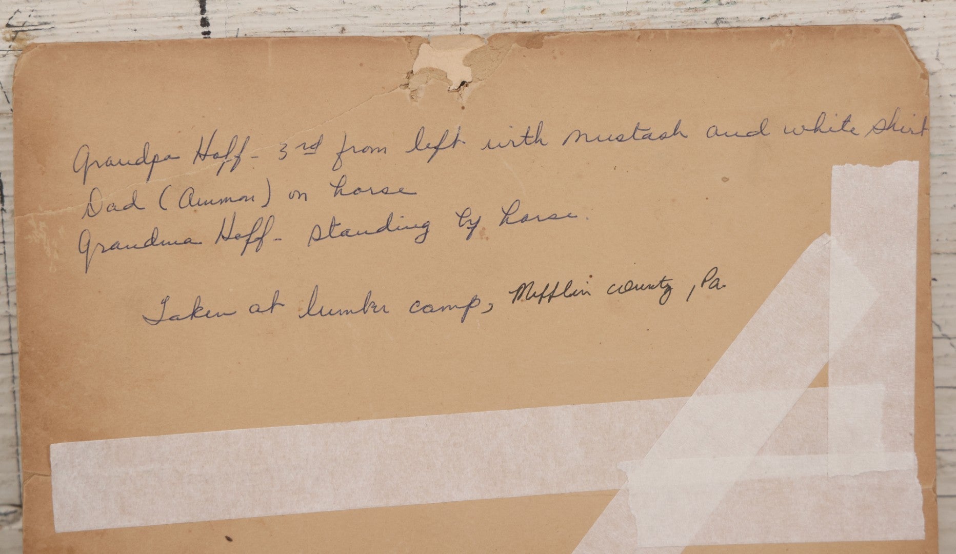 Lot 068 - Antique Boarded Occupational Photograph Of Group Of Lumber Workers Posing At A Lumber Camp In Mifflin County, Pennsylvania, Partial Identification On Verso Of "Grandpa Hoff", Bicycle And Horse In Photo, Note Cracking And Wear