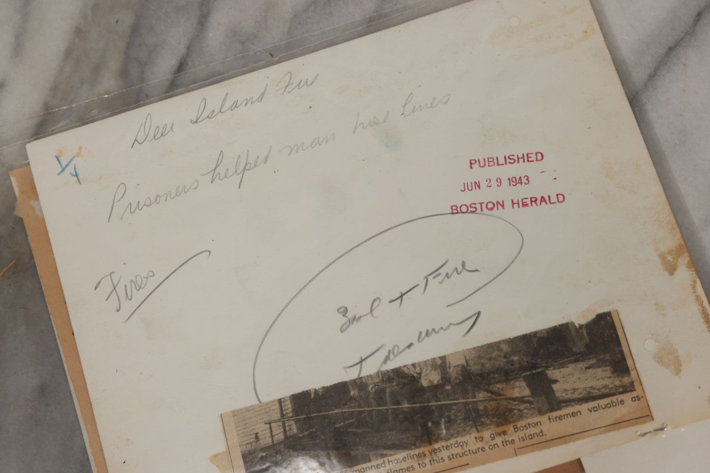 Lot 001 - Extensive Grouping Of 100+ Documentary Press Photos Of Firefighters Battling Fires, Aftermath And Destruction, And Firefighting Apperatus, In And Around The City Of Boston, Late 1930s To 1950s, With Notes Regarding Date And Location, 9" x 7"