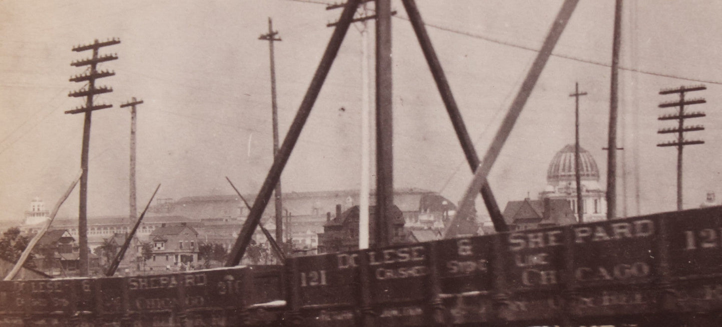 Lot 078 - Antique Boarded Photograph Of Two Train Cars On Tracks With Advertising For Dolese & Shepard, Chicago And Other Lettering, In Front Of Chicago Worlds Fair Buildings, Dame, Stoddard & Kendall, Developers, Boston