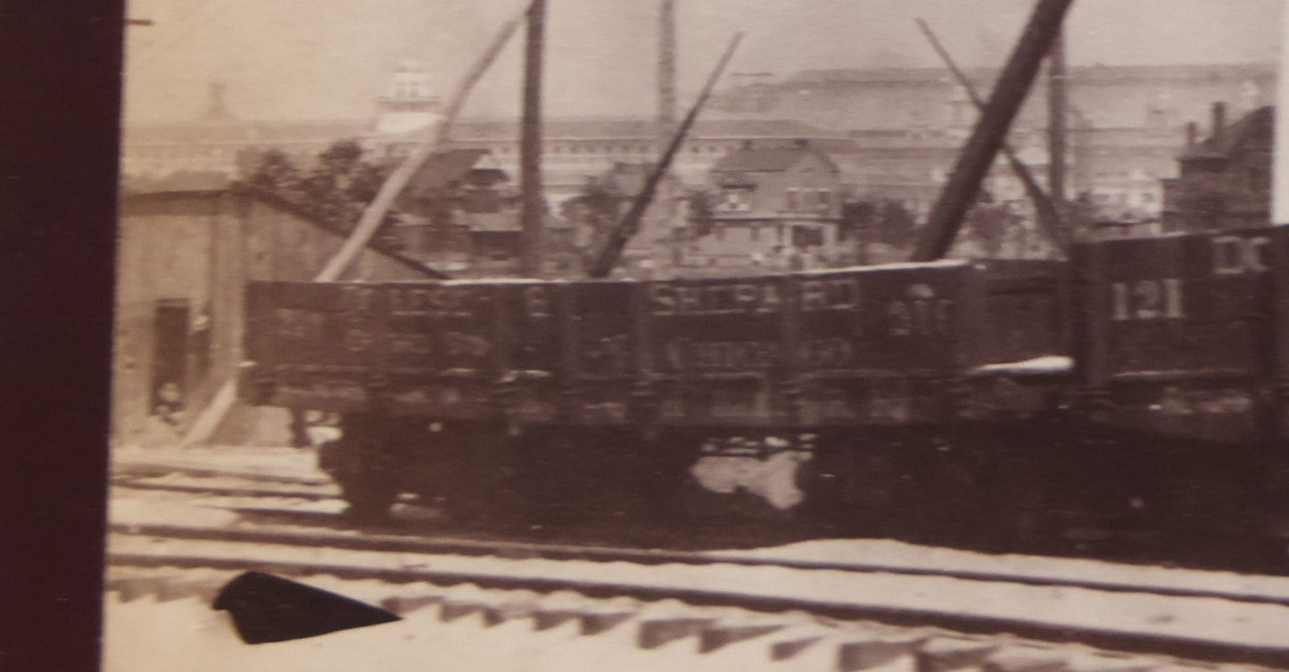 Lot 078 - Antique Boarded Photograph Of Two Train Cars On Tracks With Advertising For Dolese & Shepard, Chicago And Other Lettering, In Front Of Chicago Worlds Fair Buildings, Dame, Stoddard & Kendall, Developers, Boston