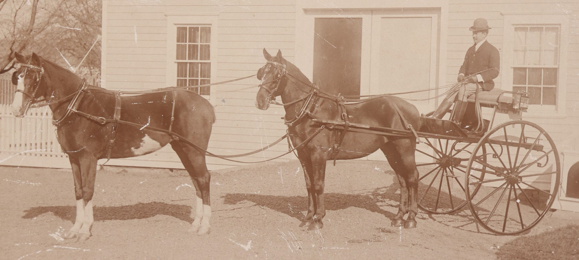 Lot 084 - Antique Boarded Photograph Of Man Sitting In Horsedrawn Carriage With Two Horses In Front Of A Home With Doghouse, Photographed By Jewett, Orange, New Jersey