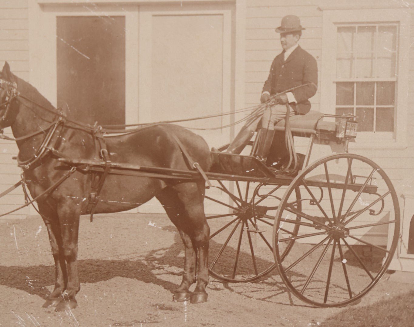 Lot 084 - Antique Boarded Photograph Of Man Sitting In Horsedrawn Carriage With Two Horses In Front Of A Home With Doghouse, Photographed By Jewett, Orange, New Jersey