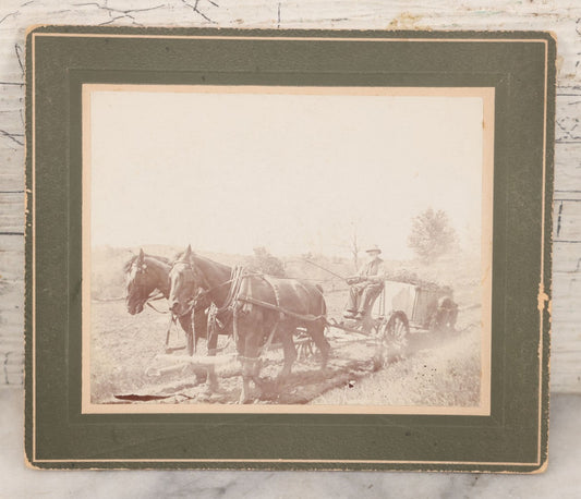 Lot 087 - Antique Boarded Photograph Of Man Identified As Franklin Goss Piloting A Horsedrawn Agricultural Cart On Farm, Identified As Henniker, New Hampshire On Verso, Circa 1900