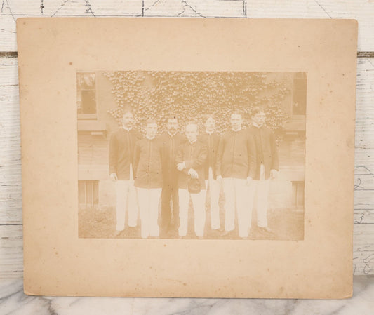 Lot 092 - Antique Boarded Photograph Of Group Of Seven Men In Formal Dress, Likely Military Cadets, Insignia On Collar Says "B.H."