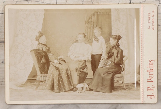 Lot 094 - Antique Cabinet Card Photograph Of Matriarch And Her Family And A Very Well Behaved Dog, Identified On Verso As Norah Stacy Lynn, J.R. Perkins, Photographer, Milford, New Hampshire