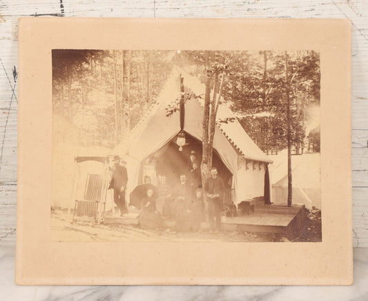 Lot 106 - Antique Boarded Photograph Of Men And Women Posing Outside Tent On Platform In Tent Village