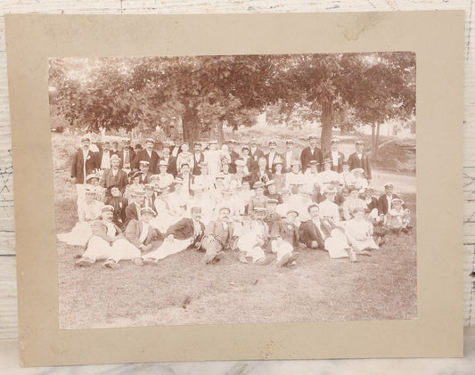 Lot 107 - Antique Double Sided Boarded Photograph Of Outing Of Fancy Dressed Men In White Pants, White Caps, With Ribbons And Their Wives