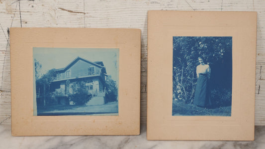 Lot 119 - Pair Of Antique Cyanotype Boarded Photographs Of Alice Esther Stowell, Posing Outside 156 Orange Grove Avenue, Pasadina, California, April 1899, With Detailed Idenfitication on Verso