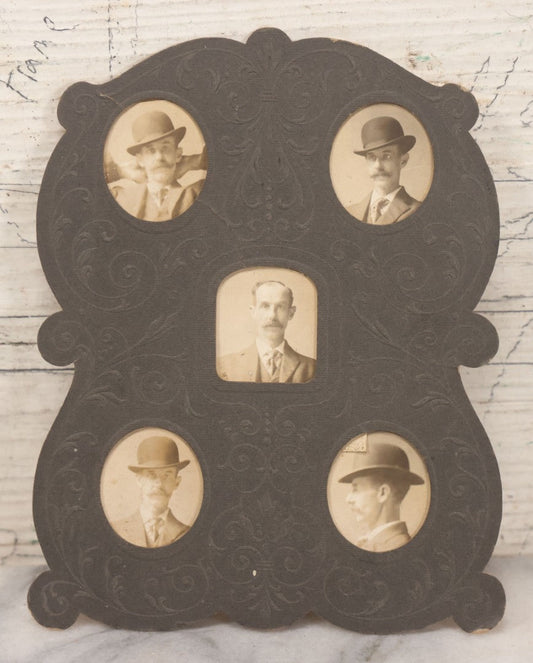 Lot 124 - Antique Paper Frame With Five Photographs Of Same Man With Mustache In Different Poses Including In Profile And Four Shots With Bowler Hat