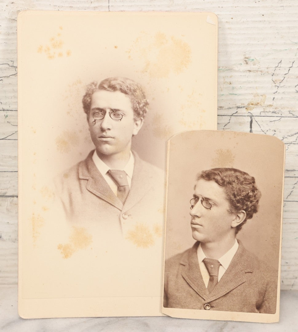 Lot 125 - Pair Of Antique Photos Of Same Man Wearing Peculiar Spectacles With Skull And Crossbones Tie Tack Pin, Cabinet Card And C.D.V., George H. Hastings, Photographer, Newton, Massachusetts