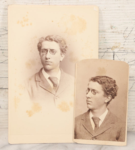 Lot 125 - Pair Of Antique Photos Of Same Man Wearing Peculiar Spectacles With Skull And Crossbones Tie Tack Pin, Cabinet Card And C.D.V., George H. Hastings, Photographer, Newton, Massachusetts