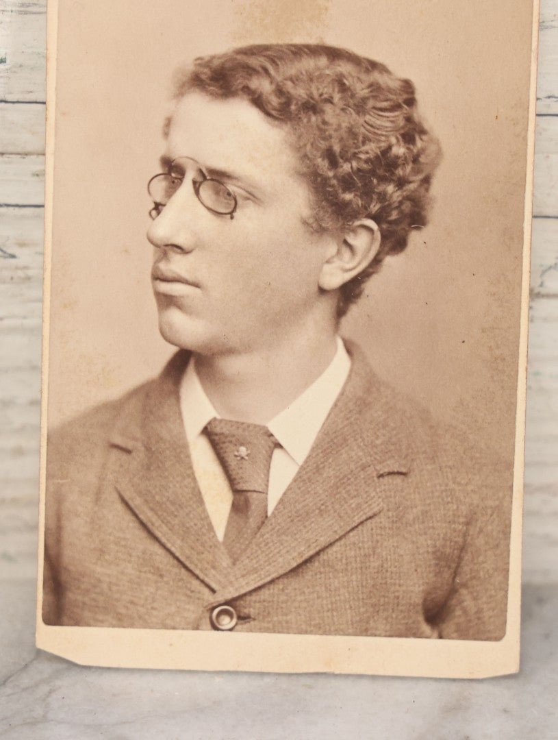 Lot 125 - Pair Of Antique Photos Of Same Man Wearing Peculiar Spectacles With Skull And Crossbones Tie Tack Pin, Cabinet Card And C.D.V., George H. Hastings, Photographer, Newton, Massachusetts