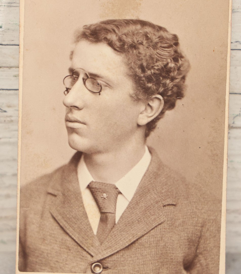 Lot 125 - Pair Of Antique Photos Of Same Man Wearing Peculiar Spectacles With Skull And Crossbones Tie Tack Pin, Cabinet Card And C.D.V., George H. Hastings, Photographer, Newton, Massachusetts
