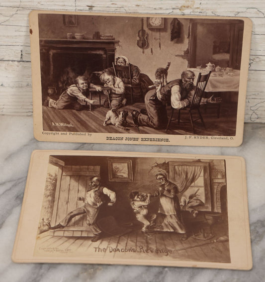 Lot 126 - Pair Of Antique Comic Illustrated Cabinet Card Album Filler Cards Of "Deacon Jones' Experience" And "The Deacon's Revenge," Depicting Chaos With Pets And Children In The Deacon's Home