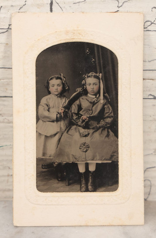 Lot 127 - Single Antique Tintype Photograph Of Two Young Girls In Sunday Best Holding Small Pink Flower Bouquets