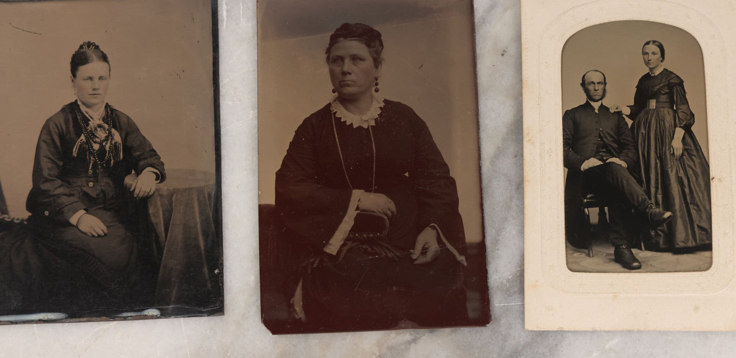 Lot 132 - Grouping Of Ten Antique Tintype Photographs Including Half Plate Of Boy Leaning Against Branch Chair, Young Man With Bowtie, Gaunt Woman With Jewelry, Middle Aged Couple, Mother And Son, And More