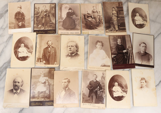 Lot 133 - Grouping Of 18 Antique Cabinet Card Photographs Including Pale Woman With Hand Muff, Friendly Man With Beard, Young Man With Bowler Cap And Swagger Stick, Boy Posing With Crane Table, And More