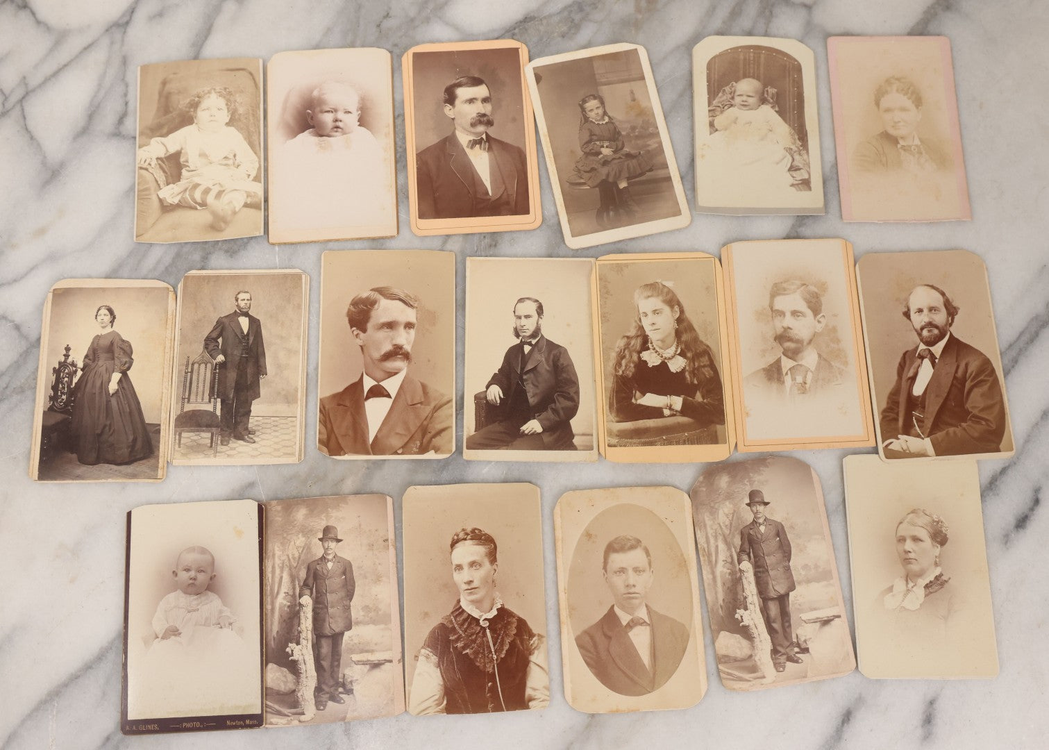 Lot 134 - Grouping Of 19 Antique Carte De Visite C.D.V. Photographs Including Pretty Woman With Long Blond Hair, Man With Mutton Chops, Little Girl Seated On Table, Incredulous Baby, Woman With Ruffled Collar, Man With Preposterous Mustache, And More