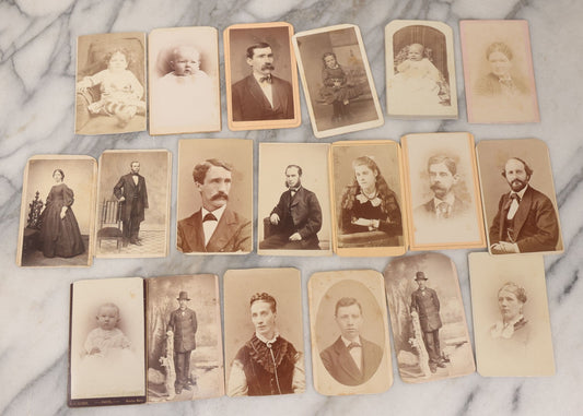 Lot 134 - Grouping Of 19 Antique Carte De Visite C.D.V. Photographs Including Pretty Woman With Long Blond Hair, Man With Mutton Chops, Little Girl Seated On Table, Incredulous Baby, Woman With Ruffled Collar, Man With Preposterous Mustache, And More