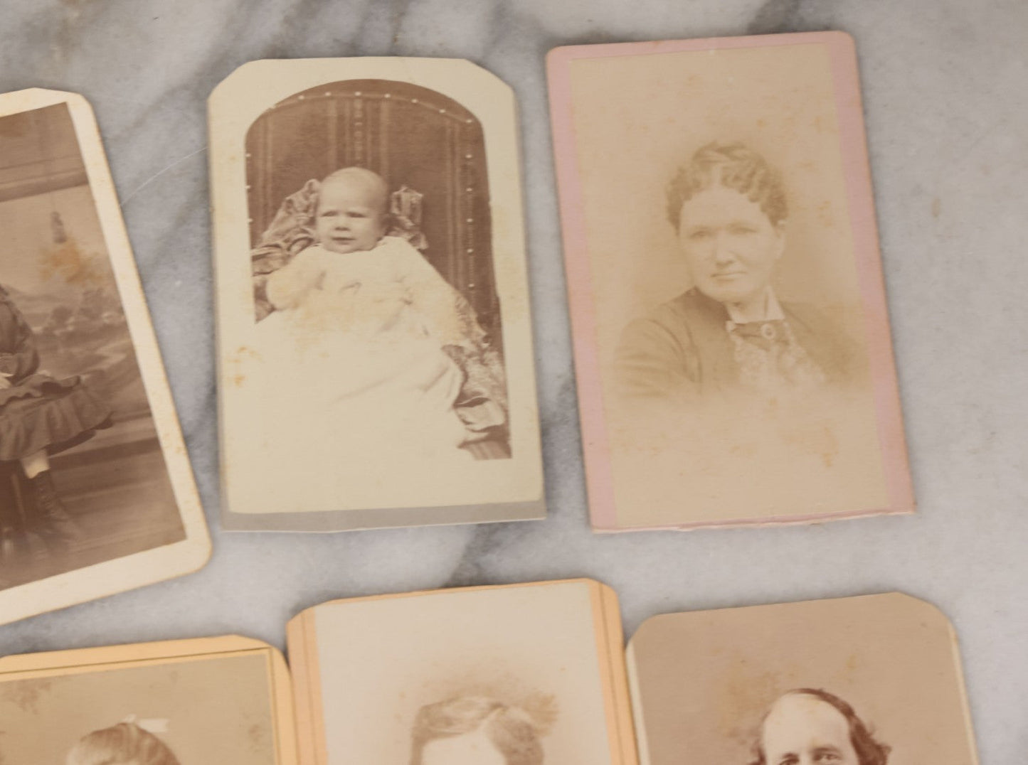 Lot 134 - Grouping Of 19 Antique Carte De Visite C.D.V. Photographs Including Pretty Woman With Long Blond Hair, Man With Mutton Chops, Little Girl Seated On Table, Incredulous Baby, Woman With Ruffled Collar, Man With Preposterous Mustache, And More