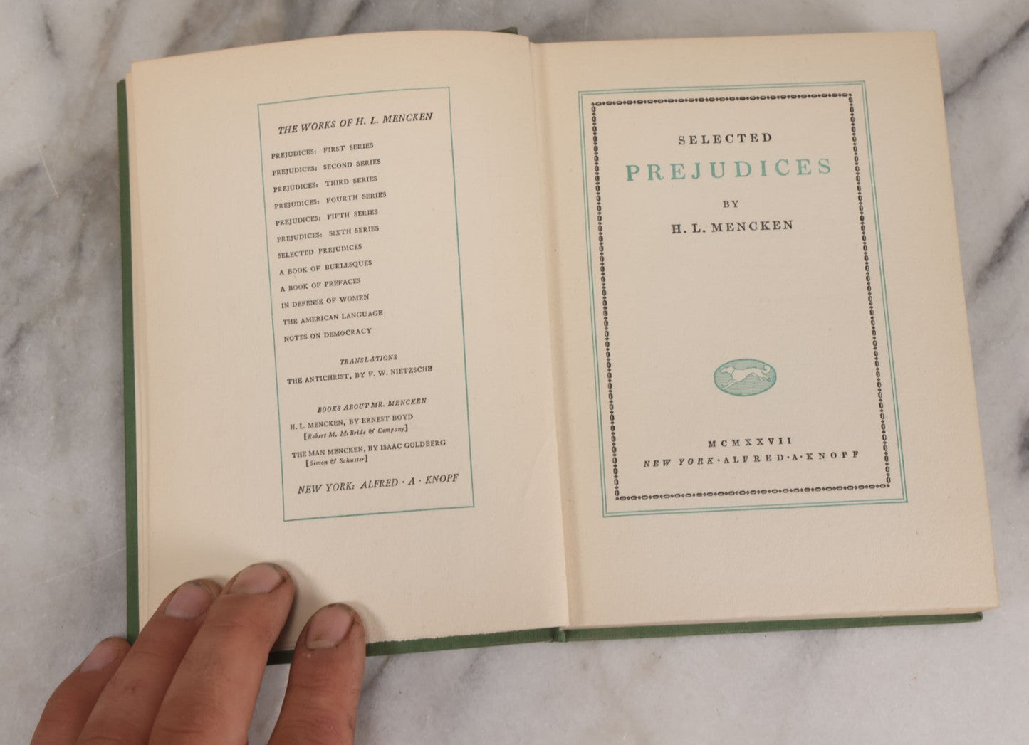 Lot 154 - "Selected Prejudices" Vintage Book By H.L. Mencken, Collection Of Essays, Alfred A. Knopf, Publisher, New York, 1927