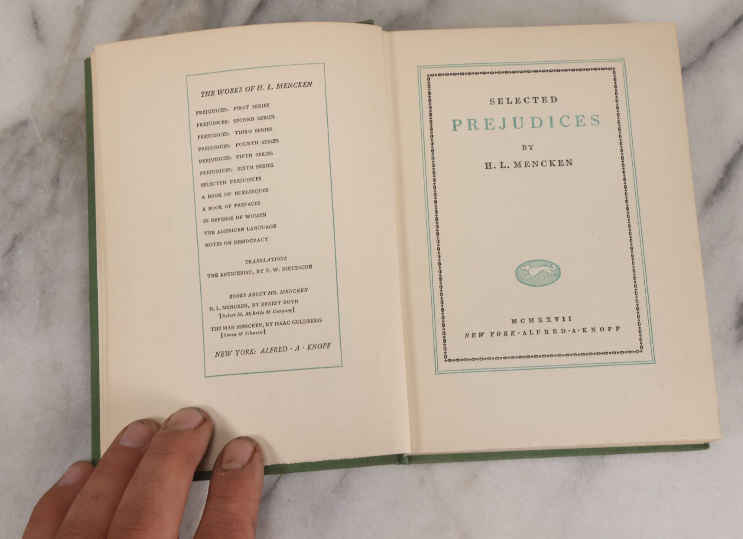 Lot 154 - "Selected Prejudices" Vintage Book By H.L. Mencken, Collection Of Essays, Alfred A. Knopf, Publisher, New York, 1927