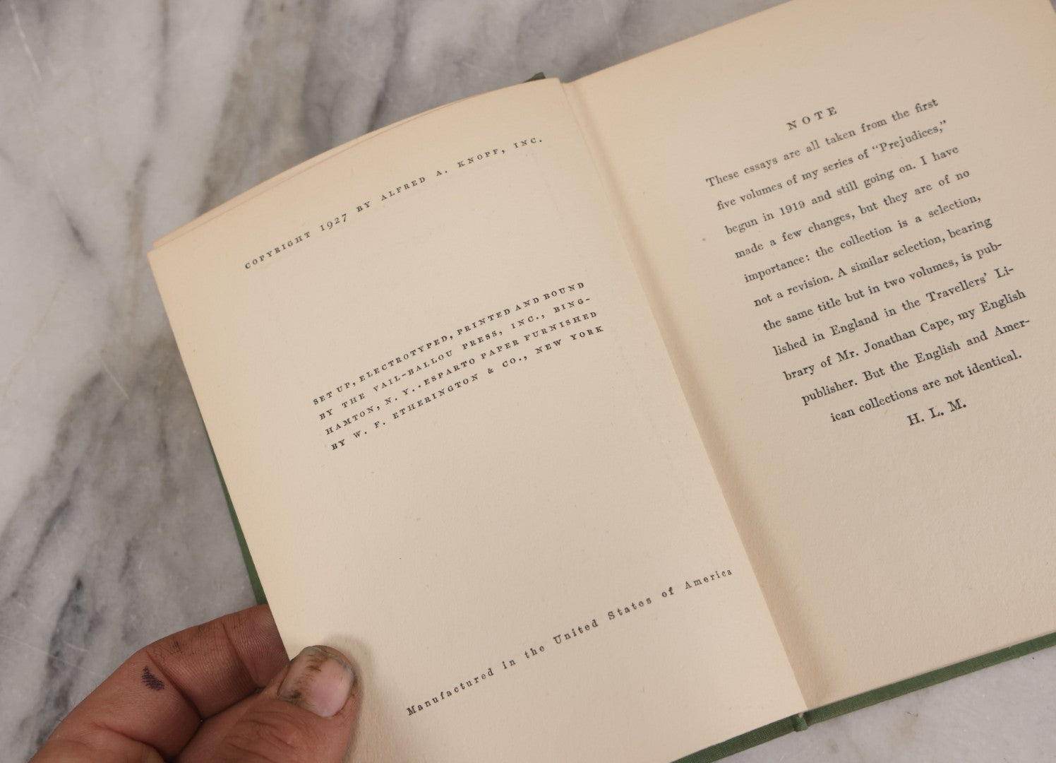 Lot 154 - "Selected Prejudices" Vintage Book By H.L. Mencken, Collection Of Essays, Alfred A. Knopf, Publisher, New York, 1927